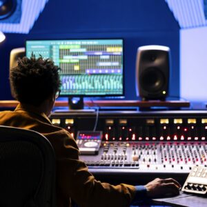 Music producer editing and processing sounds in control room